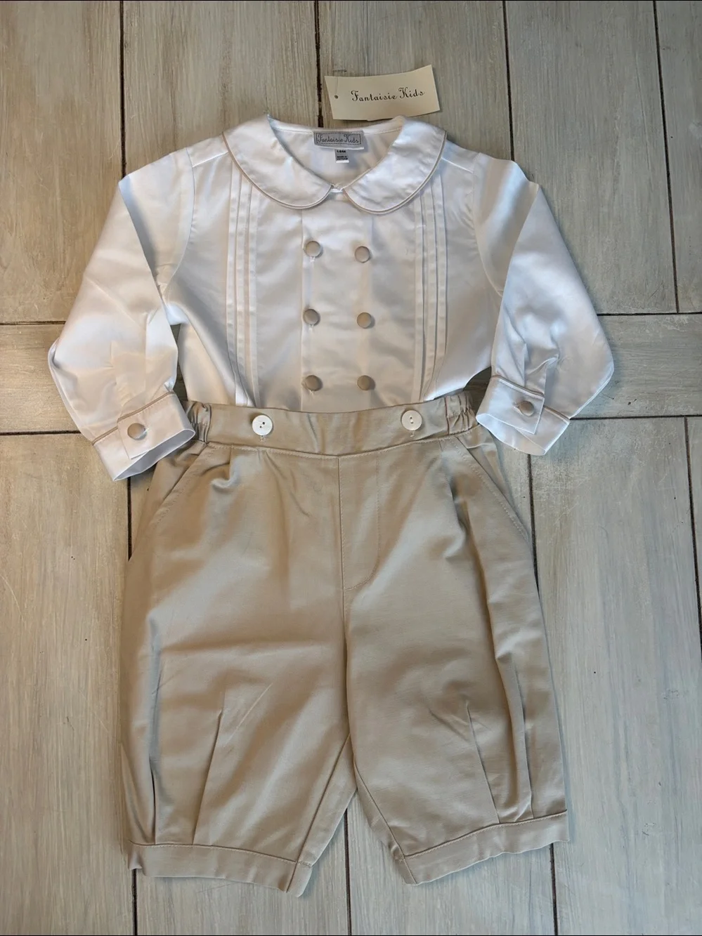 Fantaisie Kids NWT White Tan Dressy Shirt Button On Pants 18 Months